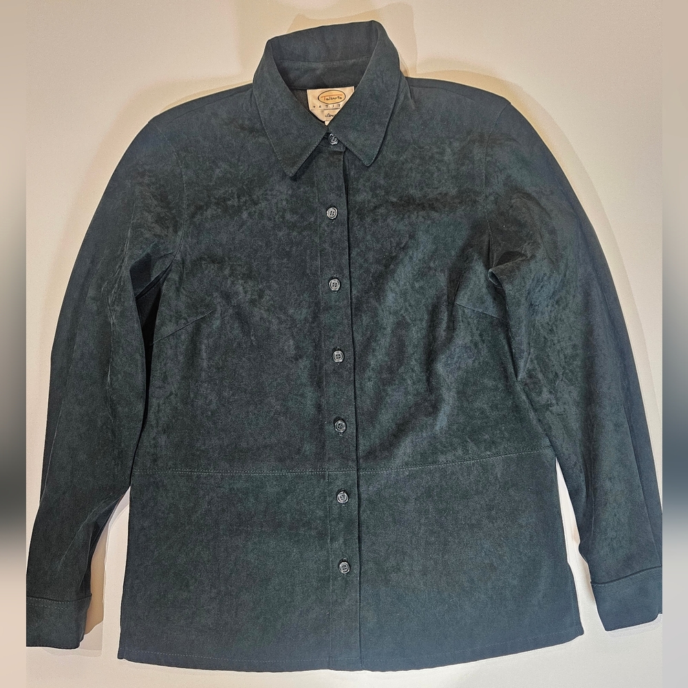 Talbots Stretch Velour‎ Button Down Shirt Womens 0 Petite Green